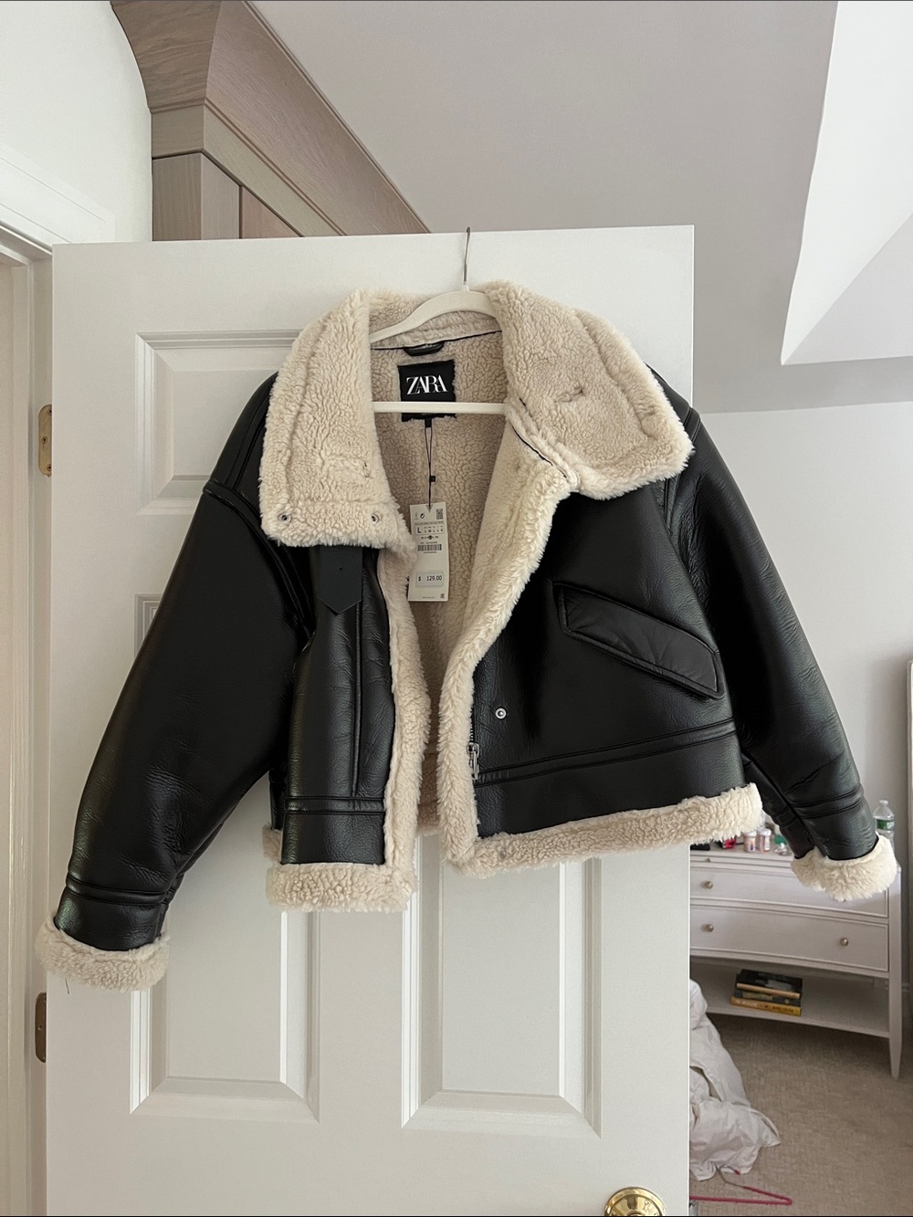Zara Black Faux Leather Teddy Jacket with Cream Shearling Trim